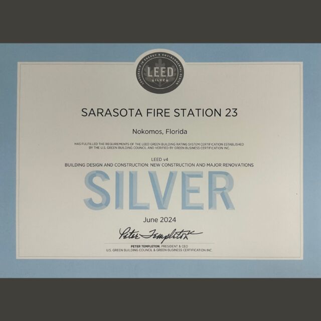 Sustainability is central to our AIA 2030 Commitment and LEED® initiatives. Since 2003, Schenkel Shultz has led over 50 LEED projects, steadfastly pursuing our mission to achieve Net Zero across all projects by 2030. 
Our recent Silver LEED® certification for Sarasota County Fire Station 23 is a testament to this dedication. In close collaboration with Sarasota County, we integrated sustainable operational strategies into the station’s design, aligning with our AIA 2030 goals. This project not only enhances the well-being of its crew, first responders and the broader community but also exemplifies our deep commitment to environmental stewardship. 
The integration of solar panels was pivotal in securing Silver LEED®. Through cove.tool analysis, we discovered the project surpassed expectations in achieving Net Zero status. This milestone highlights our informed approach and ability to guide clients toward impactful design choices.

#schenkelshultz #architecture #leed #silver #aia2030commitment #sustainability #netzero