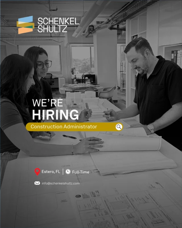 We’re Hiring in our Southwest Florida office! Schenkel Shultz is seeking a skilled and driven Construction Administrator to join our growing Estero studio team. 

This is an opportunity for someone with a deep appreciation for design and a strong technical foundation to play a pivotal role in bringing our visions to life. 

You’ll collaborate closely with contractors, architects, consultants, and clients to ensure projects align with design intent and document compliance. Strong communication and coordination skills are essential, as you’ll play a vital role in guiding projects through construction.

Visit the link in our bio to view the full job description and apply. 

#schenkelshultz #jobalert #wearehiring #constructionadministrator